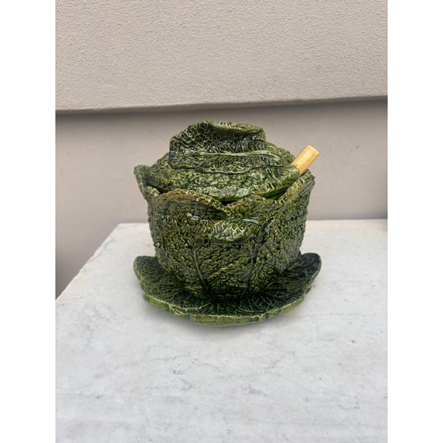 Portuguese Majolica Cabbage Tureen or Soup Tureen signed Sousa Barcelos Portugal Circa 1930. With a spoon.