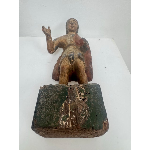 Antique Spanish Colonial Carved Wood Santos Figure With Glass Eyes For Sale - Image 11 of 11