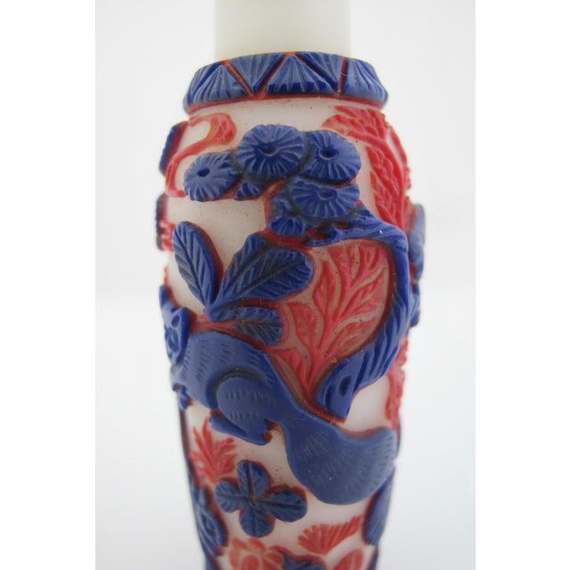 Glass Chinese Animal & Bird Carved Overlay Red & Blue Peking Glass Snuff Bottle For Sale - Image 7 of 14