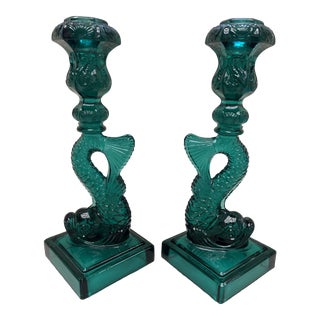 Vintage Chinoiserie Glass Dolphin Candlesticks- a Pair For Sale