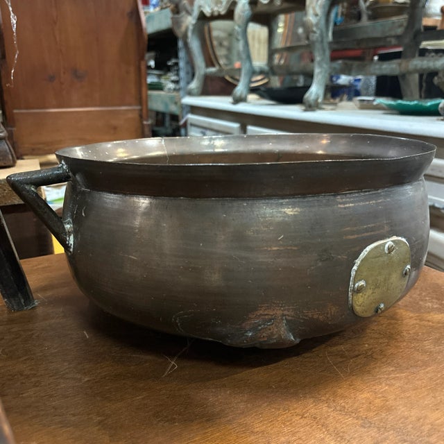 large copper alloy pot, swedish, late 1700 century some repairs made with brass. feet? maybe a spout? substantially heavy