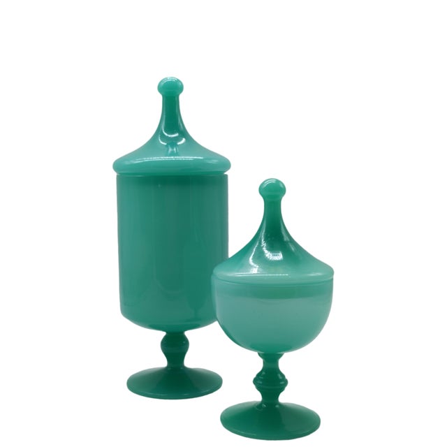 Turquoise Emerald-Green Glass Sweet Jars, Italy, 1960s, Set of 2 For Sale - Image 8 of 8