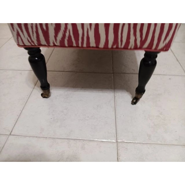 1980s Upholstered Zebra Print Ottoman Bench Red and White Pattern Dark Wood Legs For Sale In Naples, FL - Image 6 of 6