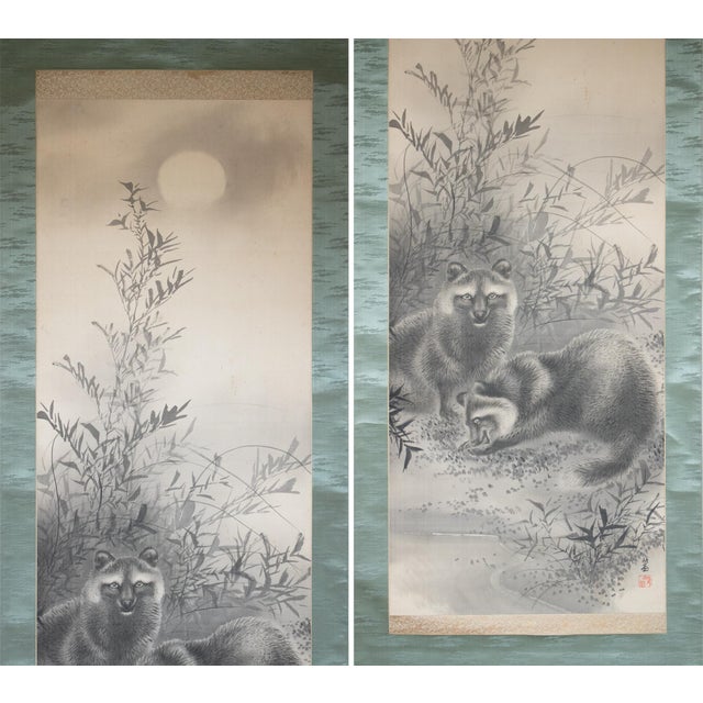 Japanese "Raccoons and the Moon", Taisho to Early Showa Era Japanese Ink Scroll Painting For Sale - Image 3 of 18