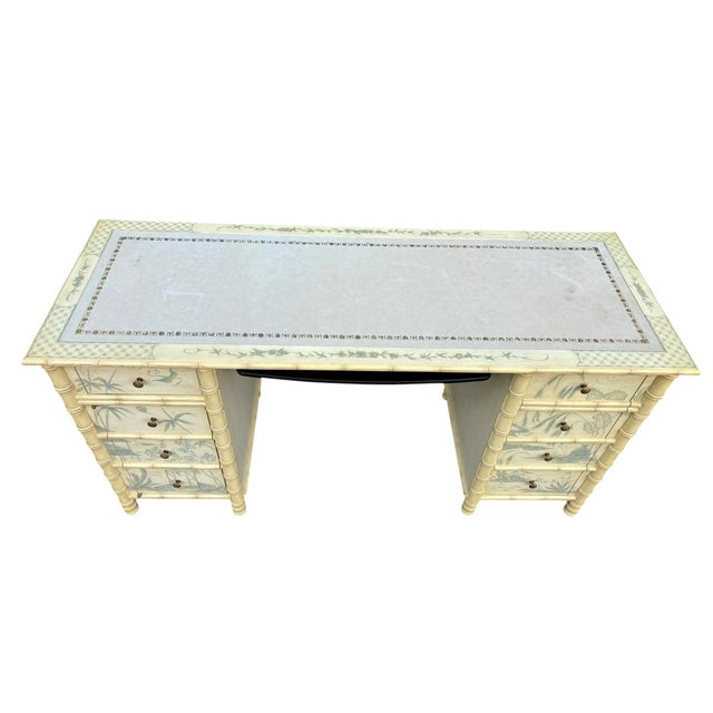 Faux Bamboo Hand Painted Blue and Creme Chinoiserie Desk For Sale In New York - Image 6 of 12