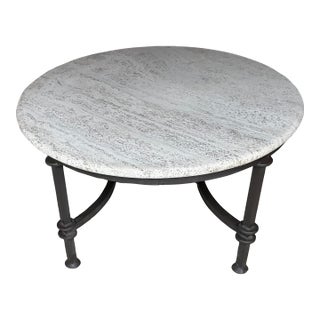 Kreiss Patio Round Coffee Table With Travertine Top For Sale