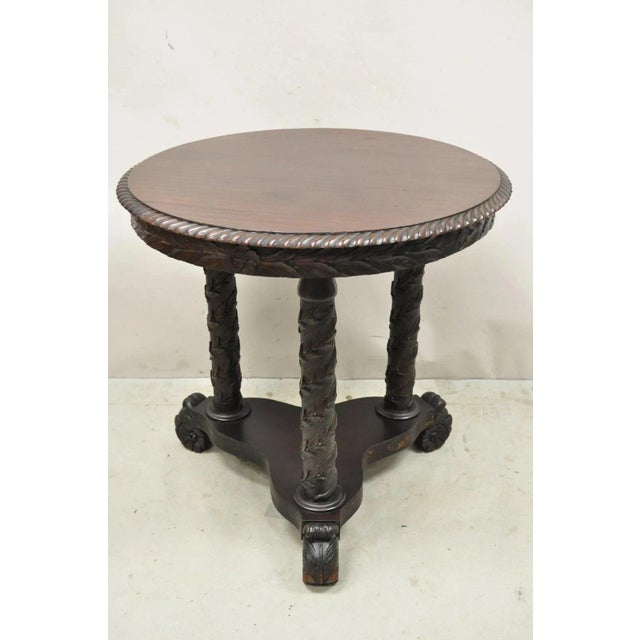 Antique American Empire Floral Spiral Carved Mahogany Round Triple Pedestal Base Center Side Table. Circa Late 19th...