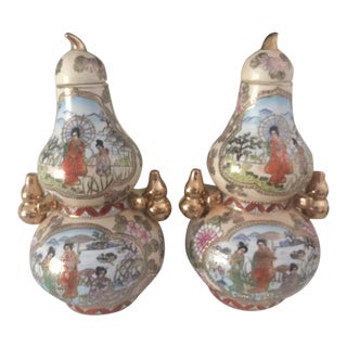 Reproduction Japanese Garden Scene Hand Painted Double Gourds - a Pair For Sale