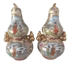 Reproduction Japanese Garden Scene Hand Painted Double Gourds - a Pair
