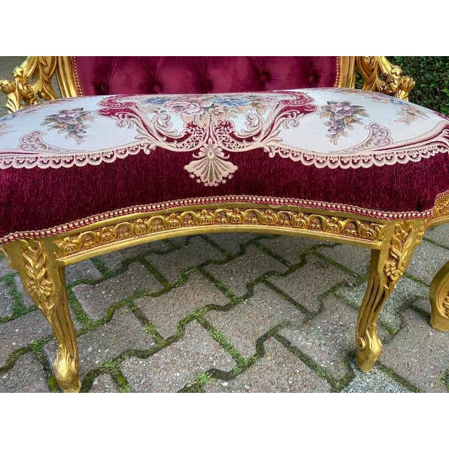 Late20C French Artisan Louis XVI Style Gold Red Beech Settee For Sale - Image 11 of 14