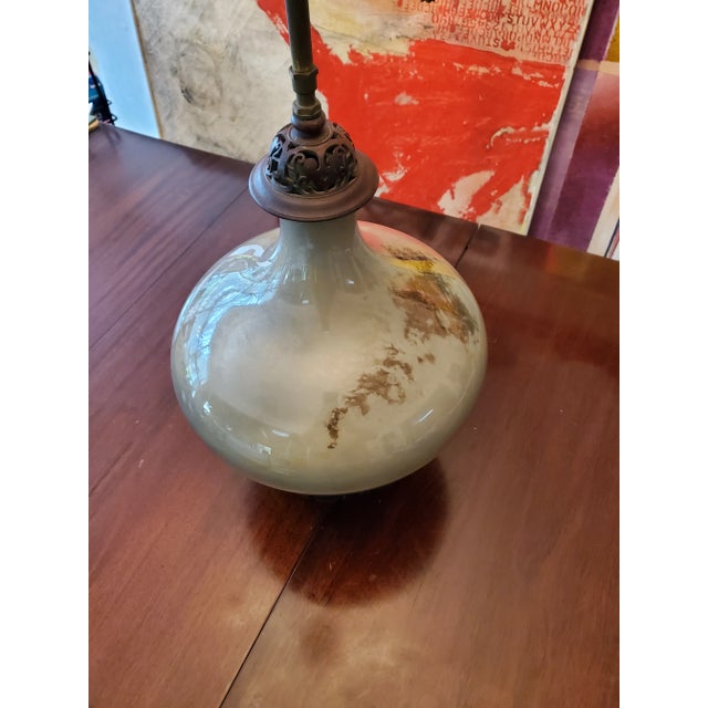Chinese Antique Chinese Lamp With Carved Wood Top and Base For Sale - Image 3 of 4