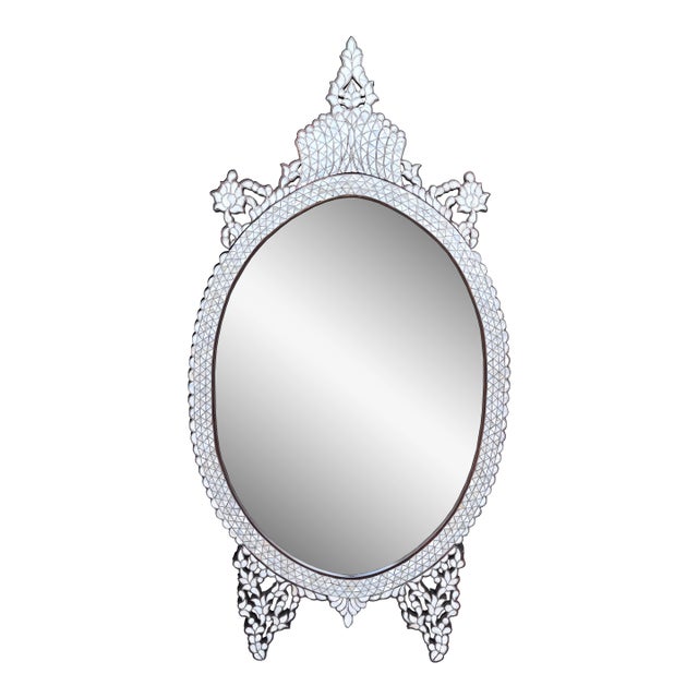 1990s Oval Shaped White Mother of Pearl Inlaid Mirror For Sale