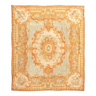 Antique Oversized French Aubusson Rug in Gold With Floral Medallion - Rug & Kilim For Sale
