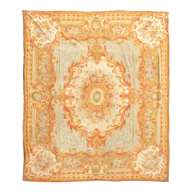 Antique Oversized French Aubusson Rug in Gold With Floral Medallion - Rug & Kilim For Sale