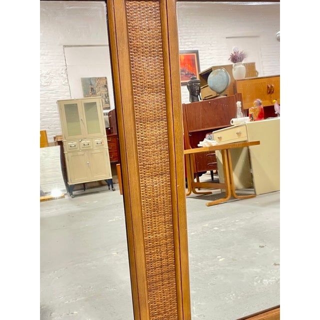 1960s Large Vintage Mid Century Modern Mirror | Walnut Rattan Mirror C. 1960's For Sale - Image 5 of 6