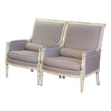 Pair of 19th Century French Louis Philippe Carved Painted Upholstered Armchairs For Sale