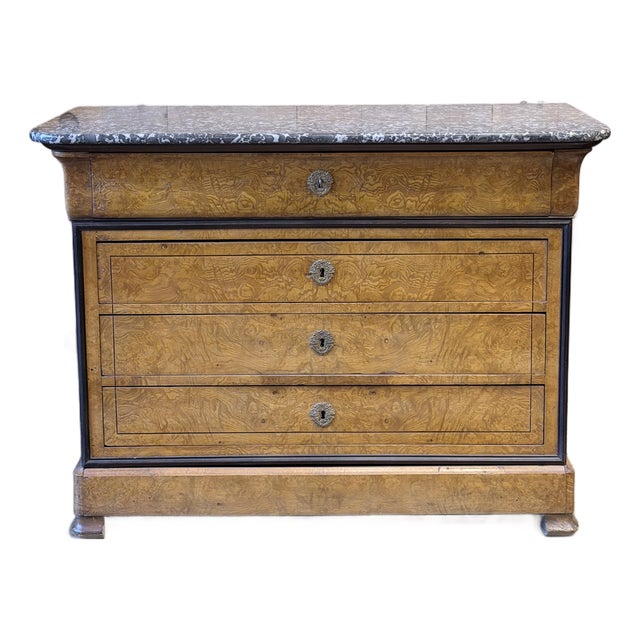 Antique French Louis Philippe Burl Walnut Four-Drawer Commode With Marble Top For Sale