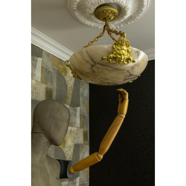 1920s French Neoclassical Style Alabaster and Bronze Pendant Chandelier, 1920 For Sale - Image 5 of 18
