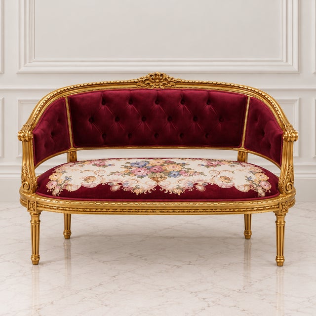 Make a sophisticated statement with this French-inspired sofa, featuring rich burgundy velvet upholstery, a deeply tufted...