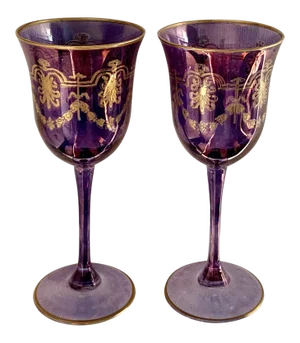 1980s Vintage Murano Gilt Amethyst Wine Glasses - a Pair