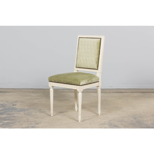 Antique French Louis XVI Style Painted Side Chairs W/ Green Geometric Velvet – A Pair For Sale - Image 16 of 18