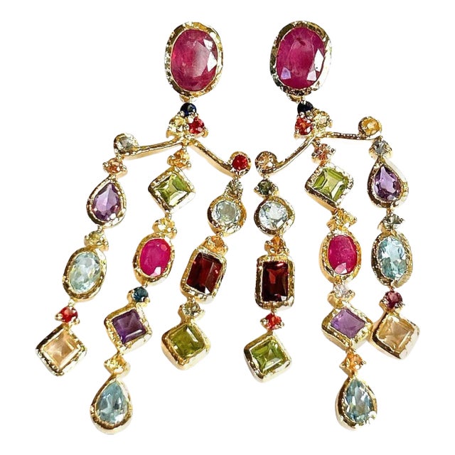 Bochic “Orient” Ruby and Multi Gem Chandelier Earrings Set 18K Gold & Silver - 2 Pieces For Sale