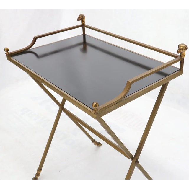 Metal Chrome and Brass X Base Console w/ Gallery Rams Heads Hoof Feet Black Lamiante For Sale - Image 7 of 13