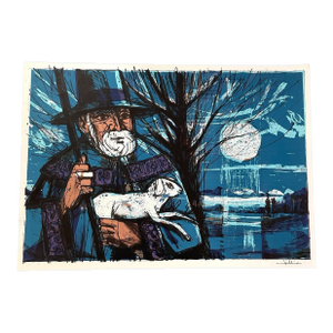 Rene Villiger Signed Lithograph Sheherd Sheep in Moonlight 18x13”