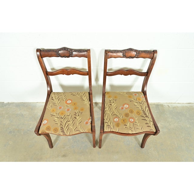 1940s Kindel Furniture Style Regency Carved Solid Mahogany Side Chairs or Dining Chairs, Pair For Sale - Image 5 of 14