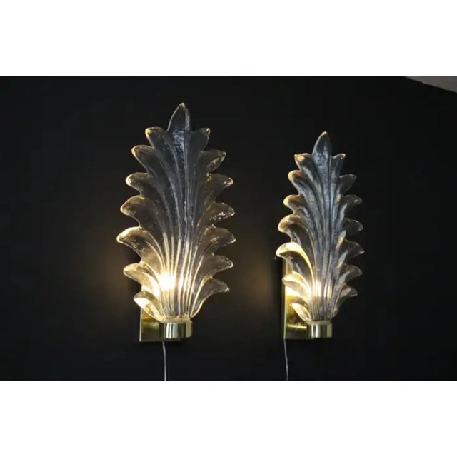 Tall Clear Murano Glass Palm Tree Leaf Sconces, 2000, Set of 2 For Sale - Image 3 of 13