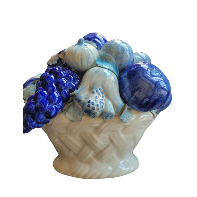 Majolica Vintage Italian Majolica Style Blue and White Ceramic Fruit Bowl Room Decor Basket For Sale - Image 4 of 7