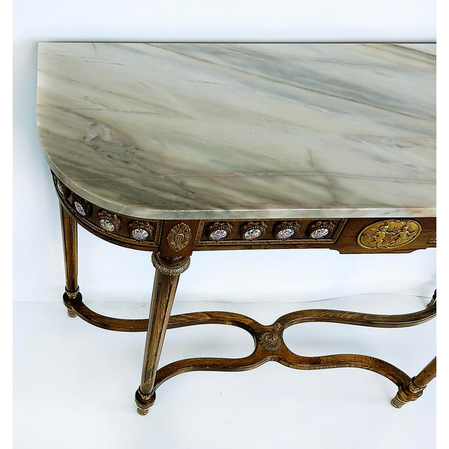 French 1970s Louis XVI Marble Top Console Table, Gilt Bronze, Porcelain Hand-Painted Plaques For Sale - Image 3 of 14