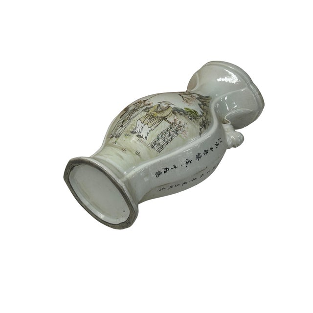 1980s Oriental Flared White People Scenery Graphic Porcelain Art Vase For Sale - Image 5 of 7