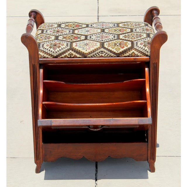 1920s Vintage English-Style Mahogany Hall Bench With Shoe Storage Cabinet & Upholstered Seat For Sale - Image 5 of 11
