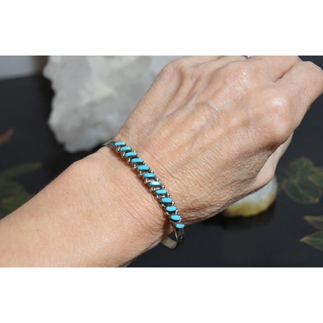 Vintage 1970's Zuni Turquoise Petit Point Sterling Silver Cuff Bracelet For Sale - Image 13 of 18