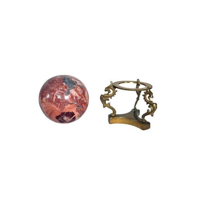 Late 20th Century Pink/Red Marble Sphere Brass on Dragon Stand For Sale - Image 5 of 11