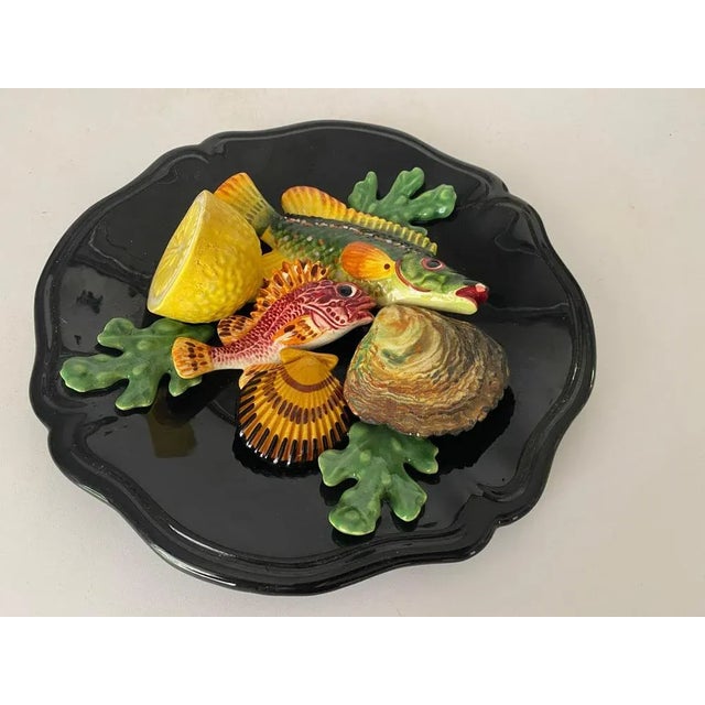 Majolica Fish Ornamental Plate Salins in Black, Yellow and Red, 1960s For Sale - Image 6 of 9