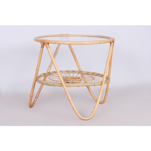 Mid-Century Modern Small Mid-Century Table in Rattan and Glass attributed to Alan Fuchs for Uluv, Former Czechoslovakia, 1940s For Sale - Image 3 of 9