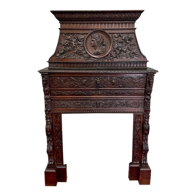 Antique French Fireplace Mantel Surround Renaissance Revival Carved Oak 19thC For Sale