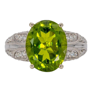 7.2Ct Peridot Ring With Earth Mined Diamond Halo: Solid 14k Gold, Size 6.75