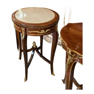 Elegant French Louis XV Occasional Table – Marble Top With Intricate Marquetry & Gilded Bronze Accents For Sale