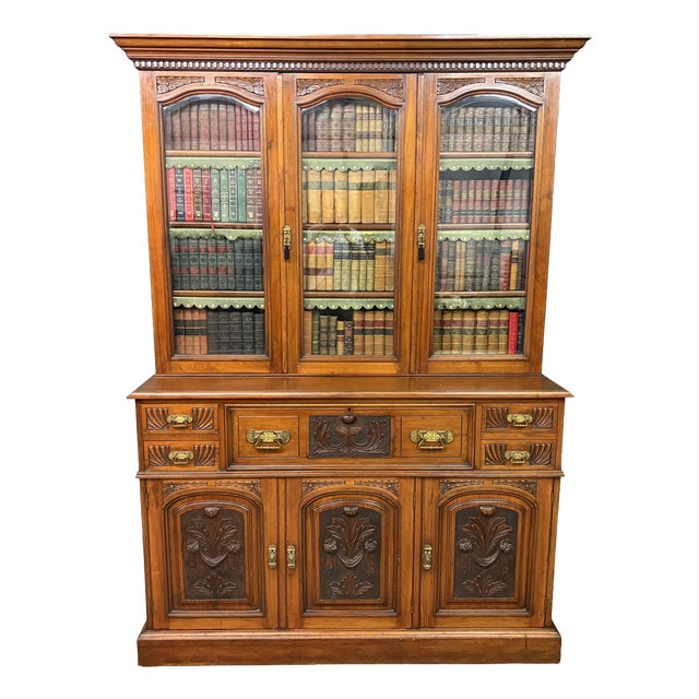 Victorian Carved Walnu Bookcase witht Secretaire, 1880 For Sale