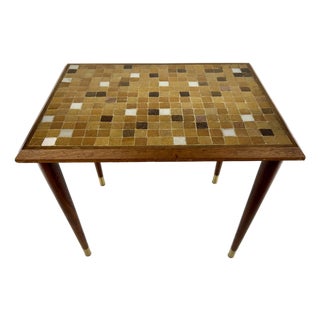 Danish Modern Mid-Century Mosaic Tile Top Side Table With Tapered Legs & Brass Sabots For Sale