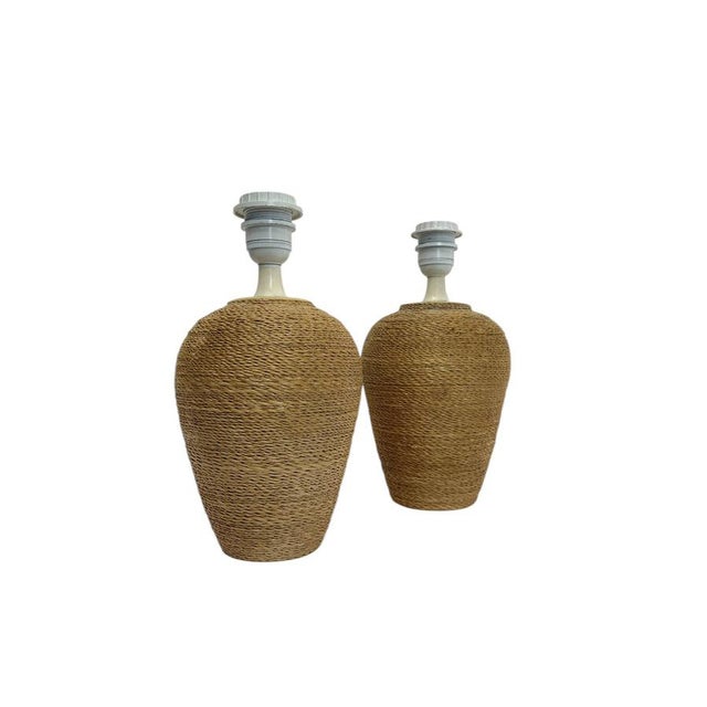 Mid-Century Modern French Table Lamps in Sisal Rope and Ceramic, 1970s, Set of 2 For Sale - Image 3 of 10