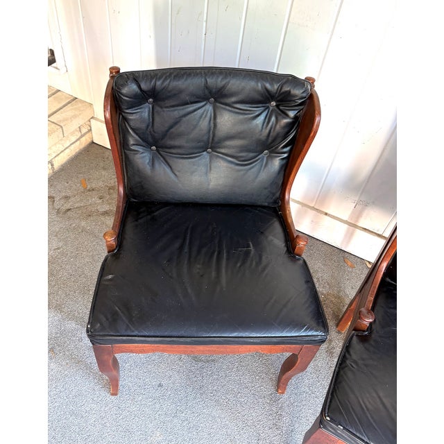 Midcentury Black Leather/Wood Tufted Side Chairs - Pair For Sale - Image 4 of 10