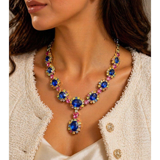 Late 20th Century Bochic “Capri” Vintage Multi Sapphire & Ruby Necklace Set 18K Gold & Silver For Sale - Image 5 of 11