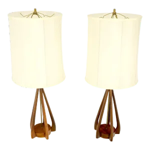 Oiled Walnut Mid-Century Modern Carved Sculptured Table Lamps Pearsal - A Pair