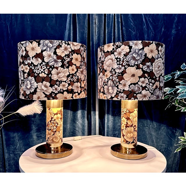 Large Brutalist Table Lamps in Velvet and Brass with Opulent Floral Decor, 1970s, Set of 2 For Sale - Image 12 of 18