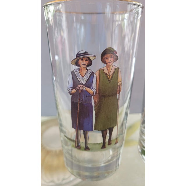Vintage Set of 4 B. Brian Atwater 1920s Ladies Golf Motif Highball Barware Glasses Gold Trim For Sale - Image 12 of 12