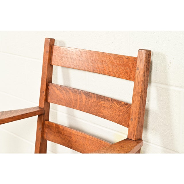 Wood Gustav Stickley Antique Mission Oak Arts & Crafts Ladder Back Armchair, Circa 1910 For Sale - Image 7 of 14